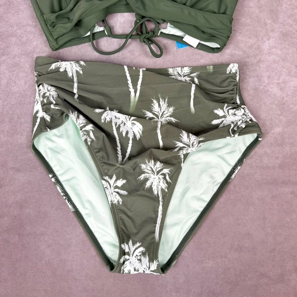 Cupshe Olive Green Palm Tree Print High Waisted Bikini Set Twist Front Lace Up M